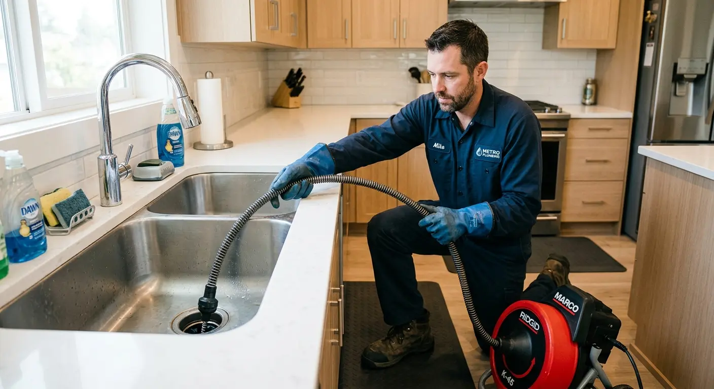 Drain cleaning technician using a motorized snake on a kitchen sink in Amherst
