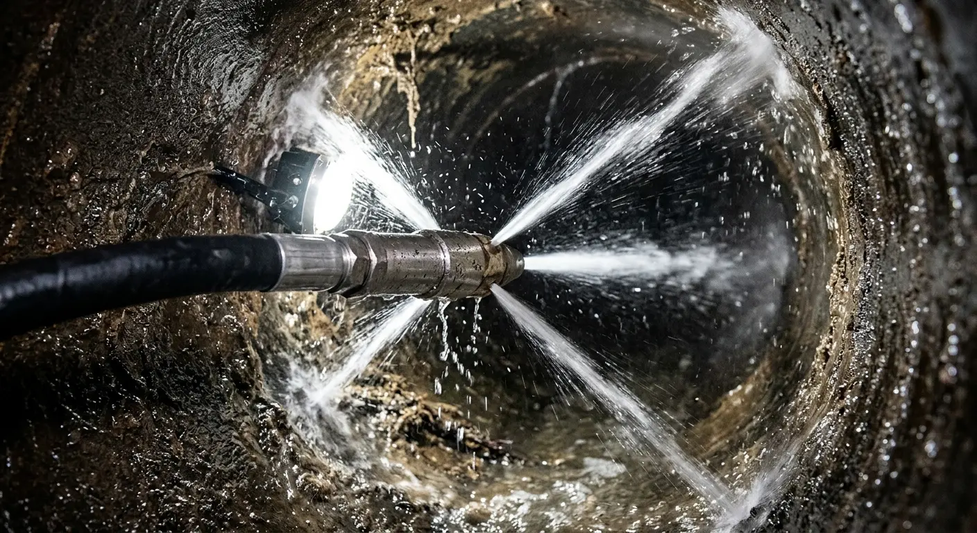 High-pressure hydro jetting nozzle cleaning sewer pipe for Trenchless Sewer Repair in Amherst