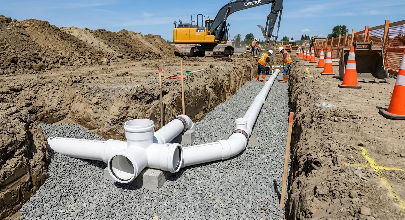 New PVC sewer pipe installation in open trench for Sewer Backup in Amherst